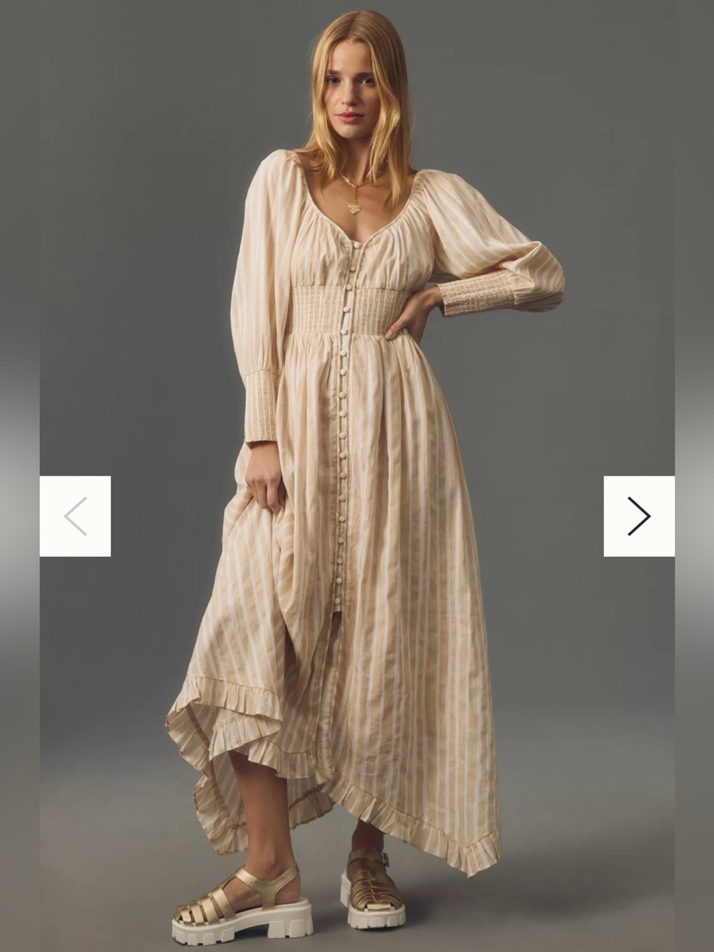Anthropologie Long Sleeve Smocked Waist Striped Maxi Dress Tan Beige White Large